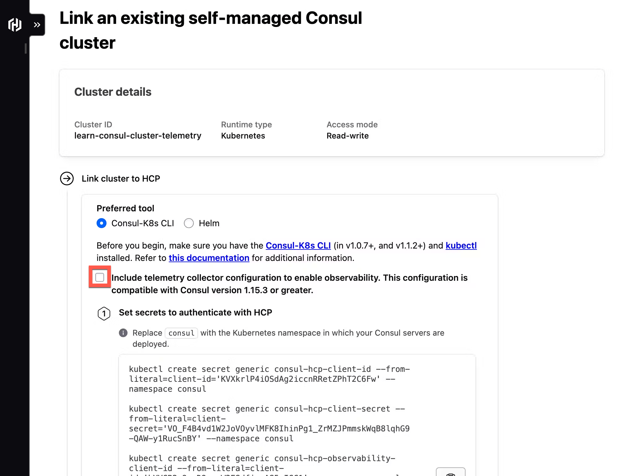 The link cluster to HCP portion of the link an existing self-managed Consul cluster page.