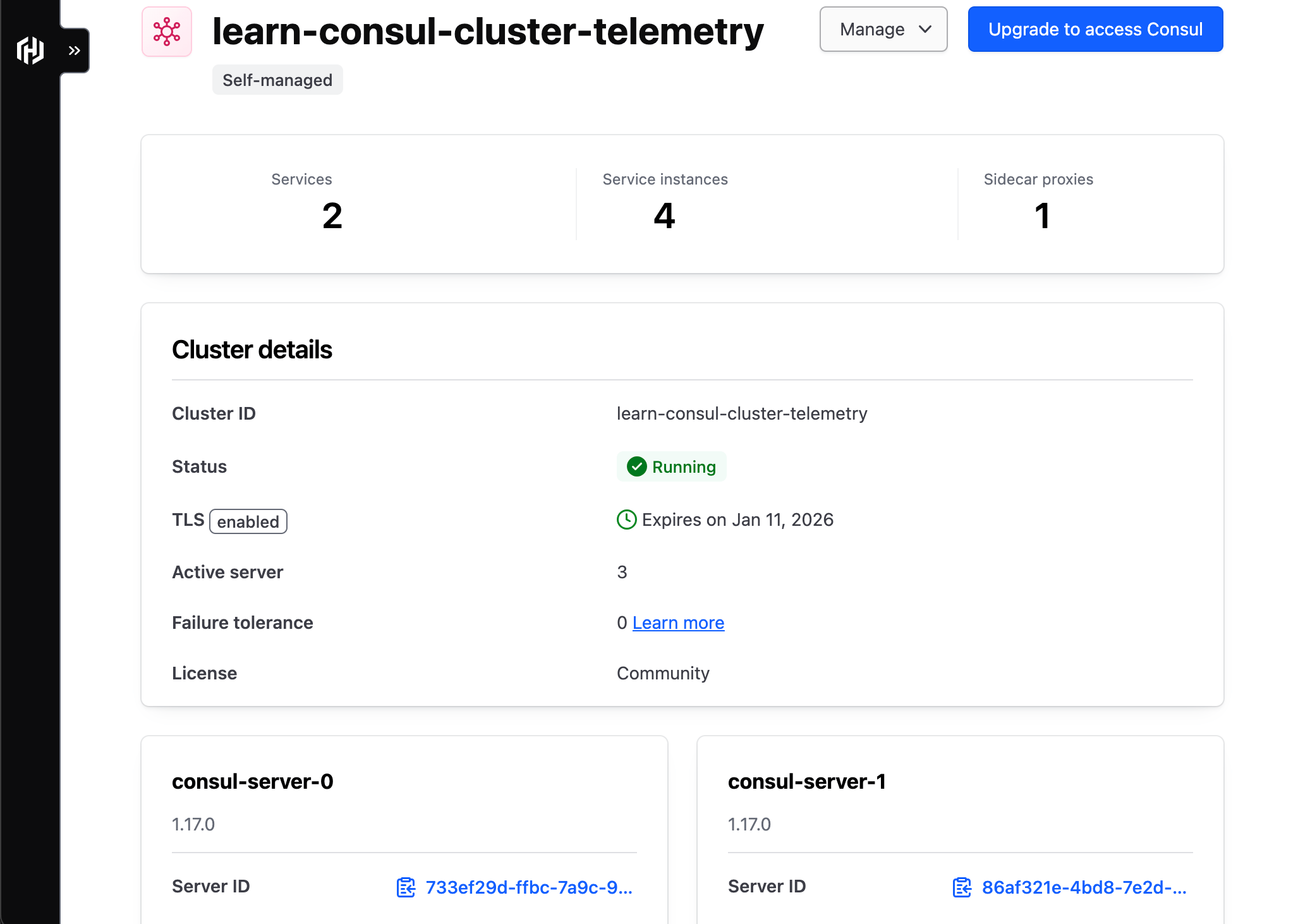 The cluster details page of the linked self-managed Consul cluster.