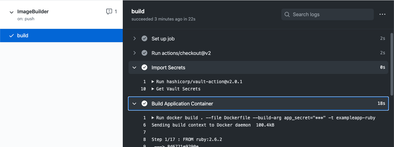 GitHub repo actions result build job step