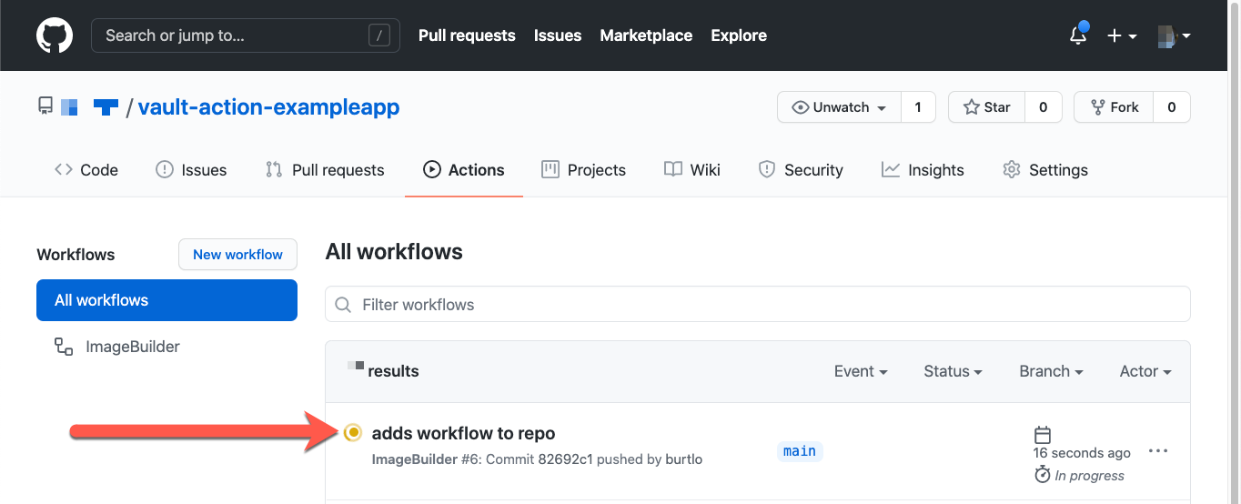 GitHub repo actions result