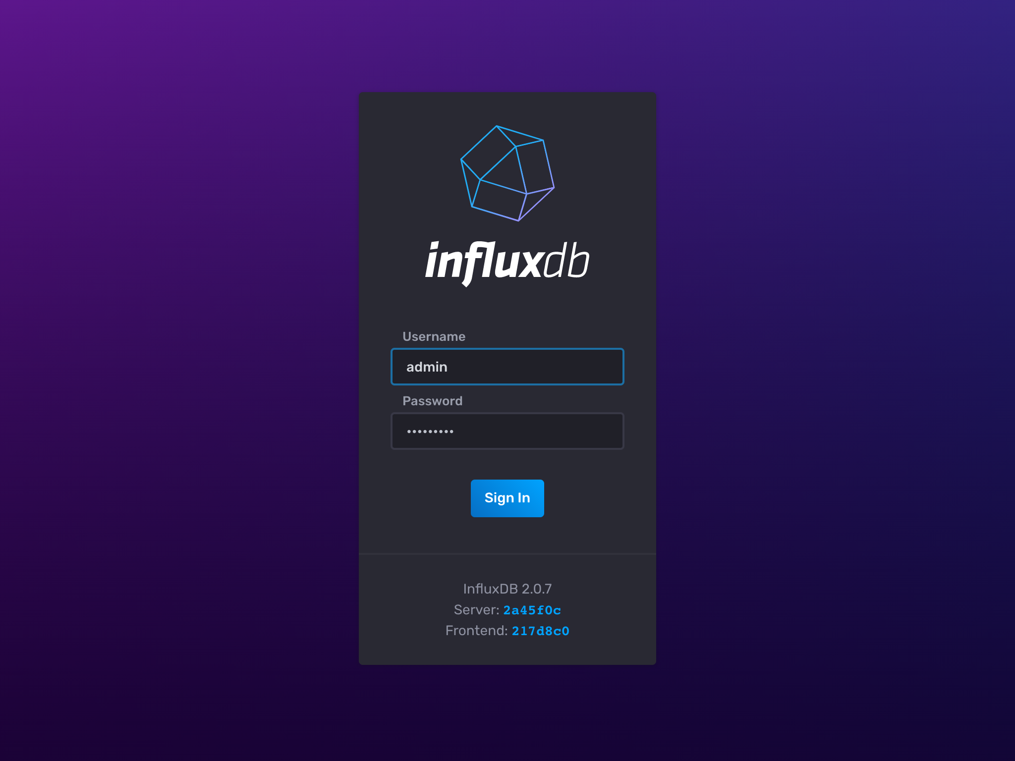 Influx Web UI login page