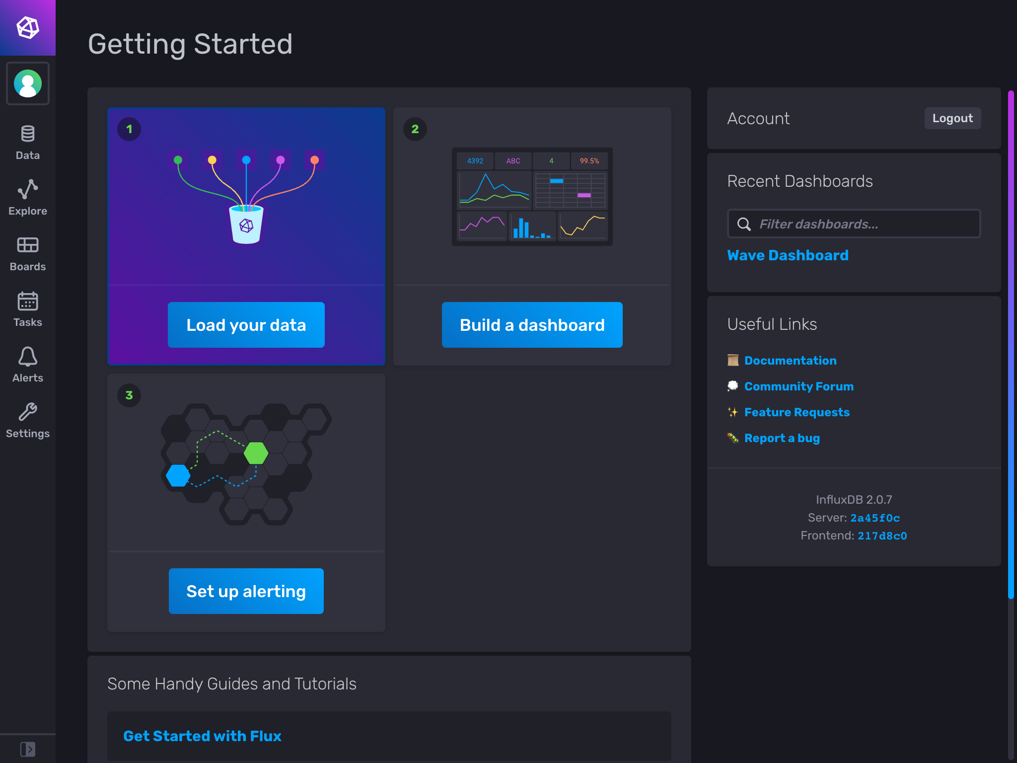 Influx "Getting Started" page, Le