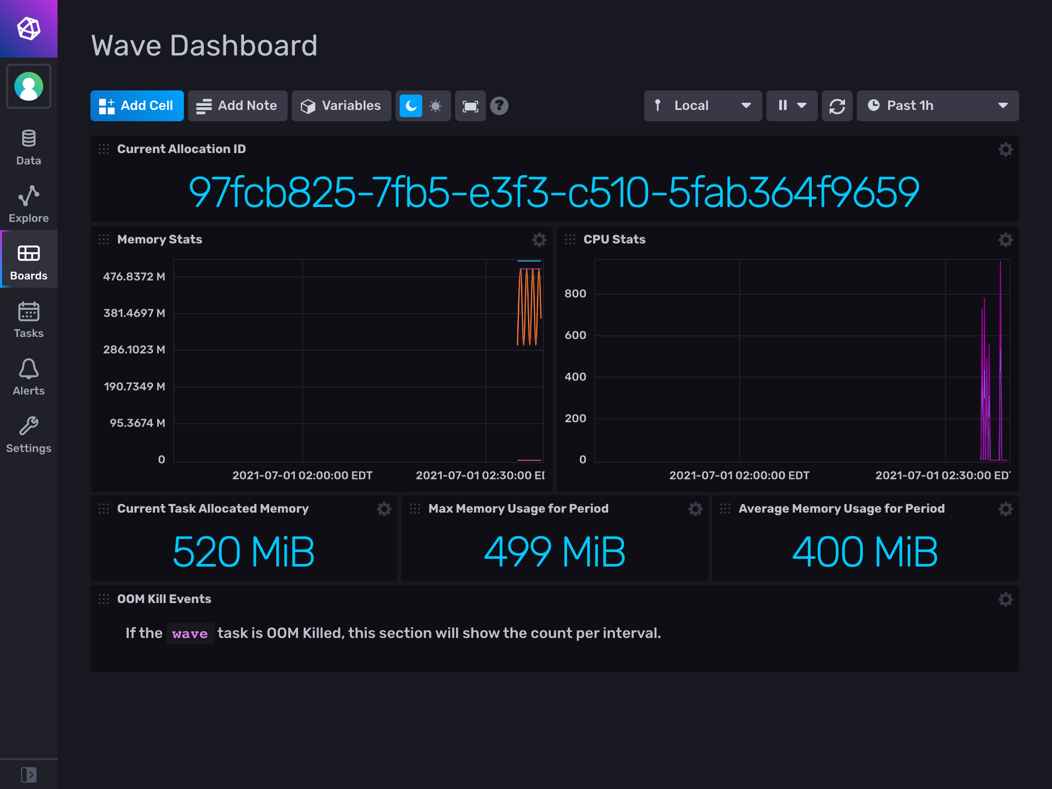 Influx UI with "Wave Dashboard" open