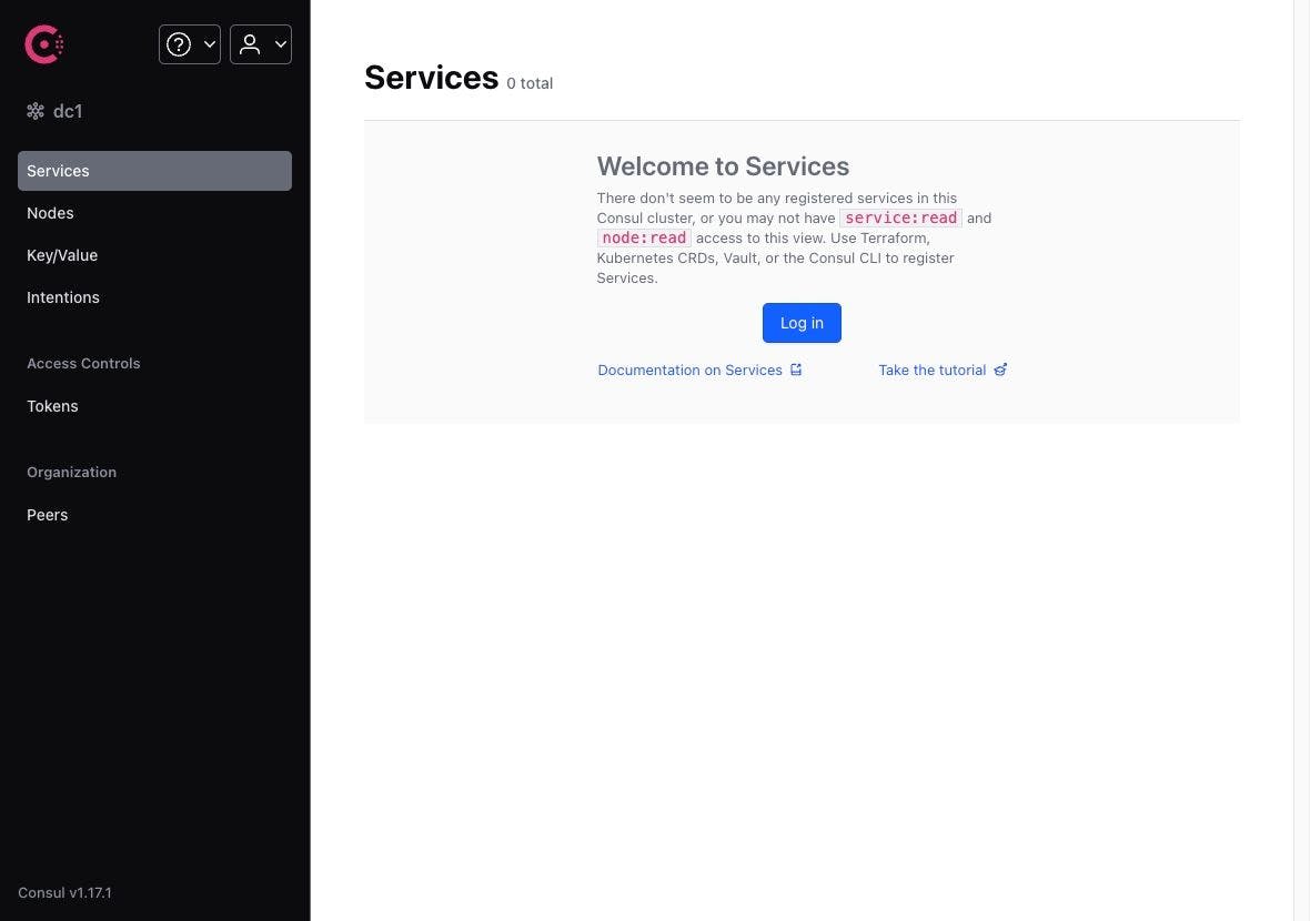 Consul UI Services page with login button