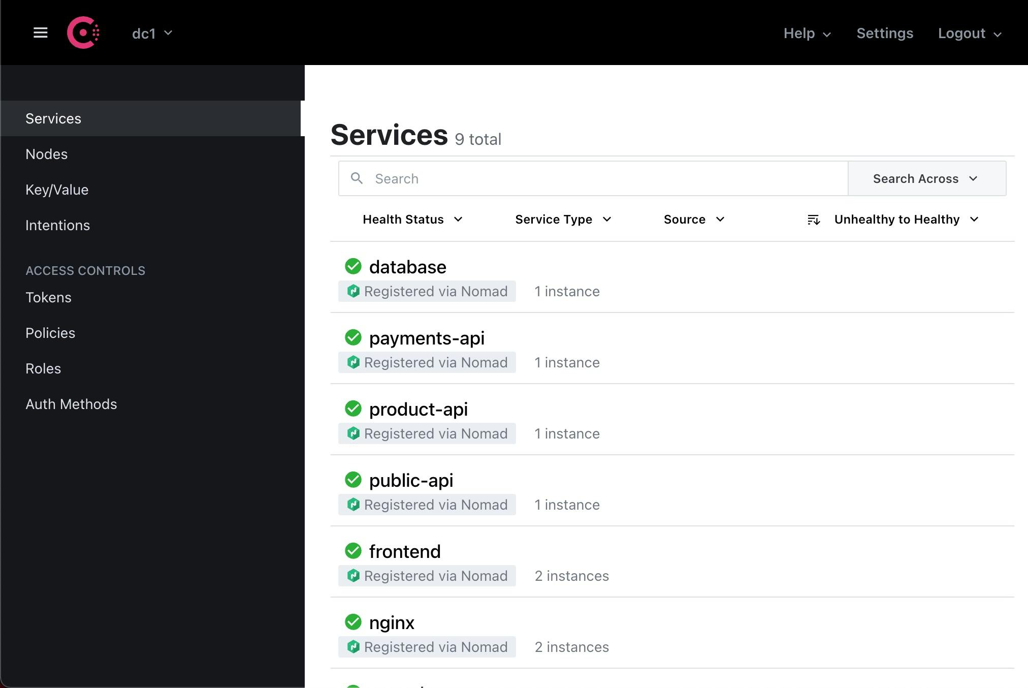 HashiCups services registered in the Consul UI