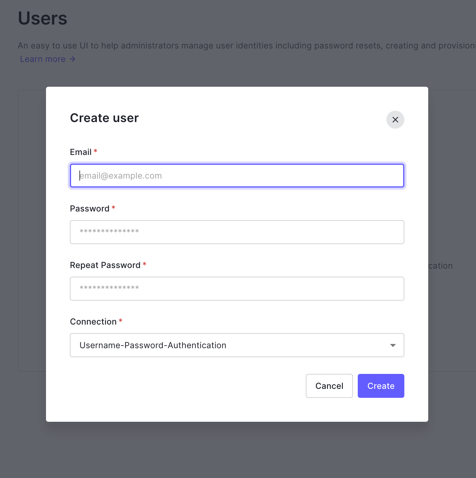 Auth0 UI create user form