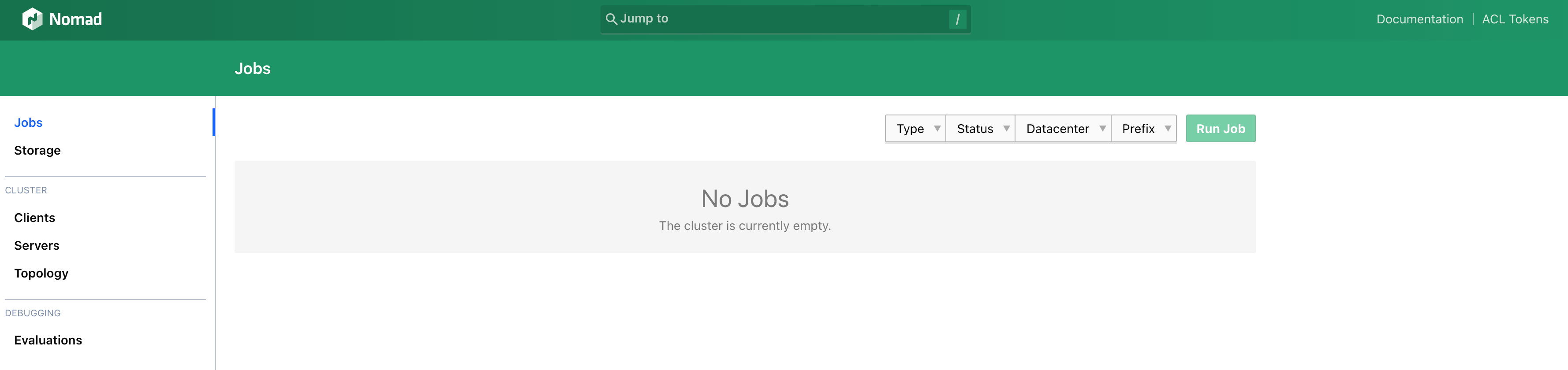 Nomad UI post login jobs page