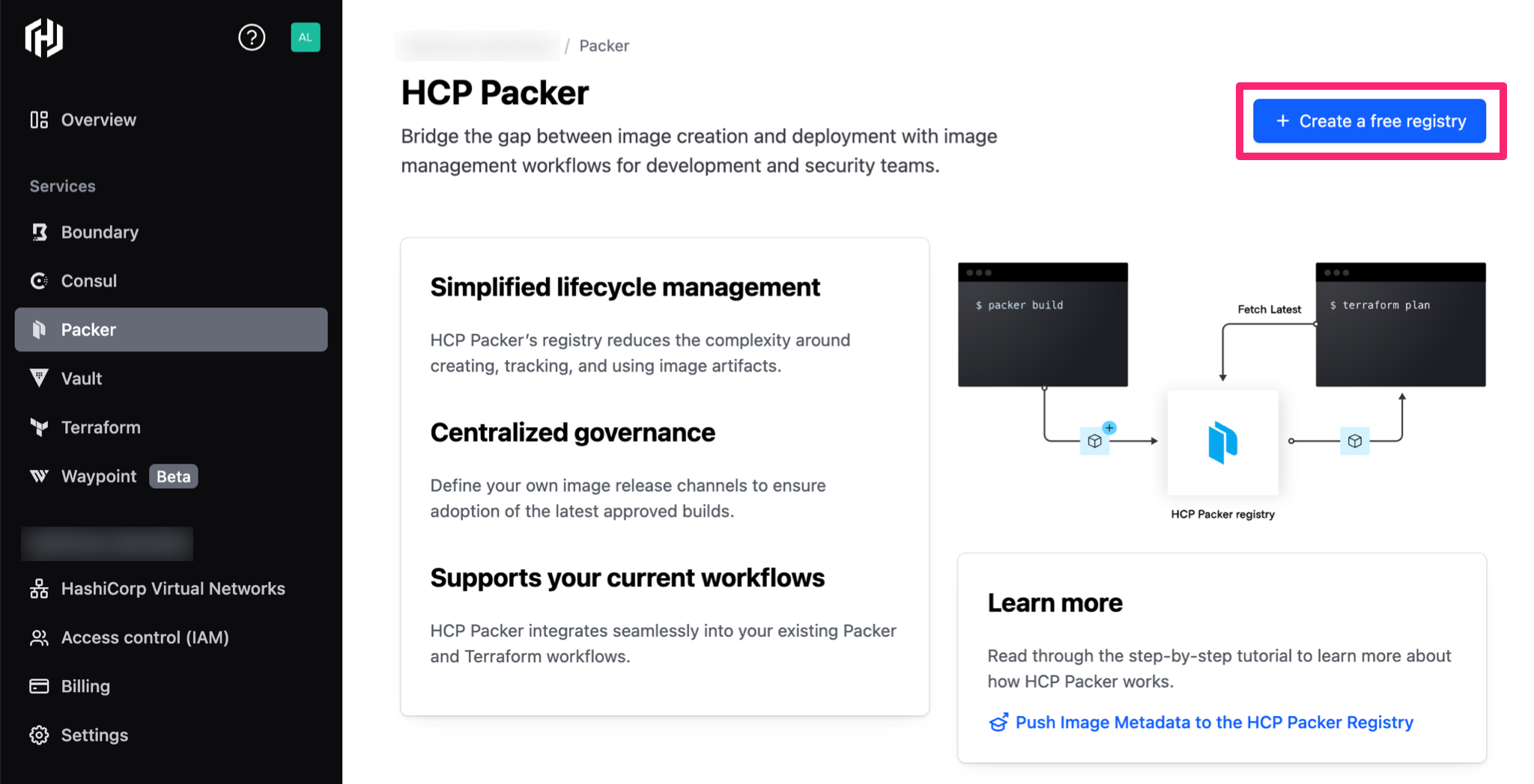 Create new HCP Packer registry