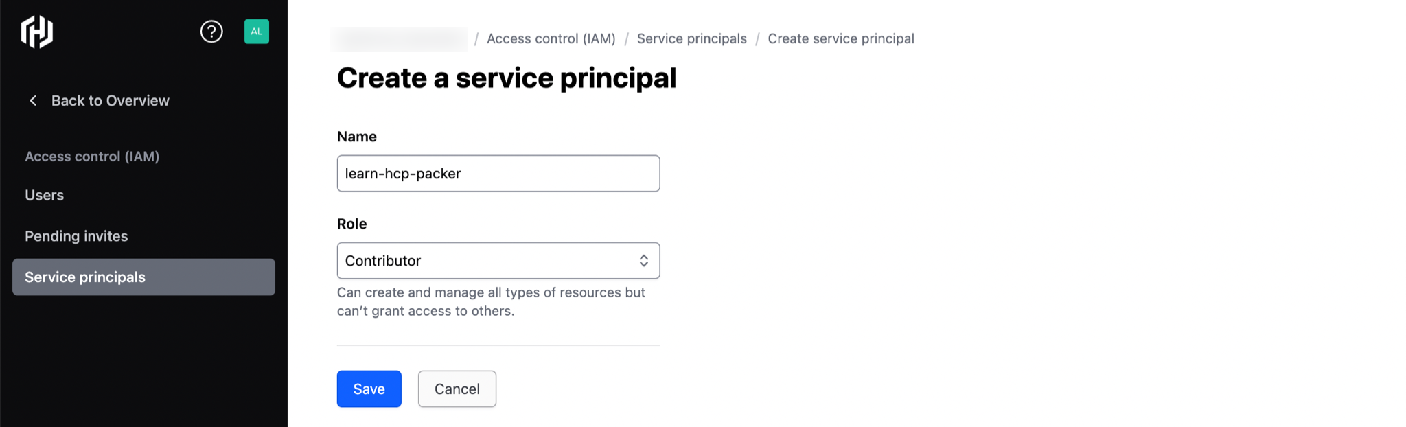 Create service principal form with learn-hcp-packer in Name field and contributor selected in Role field