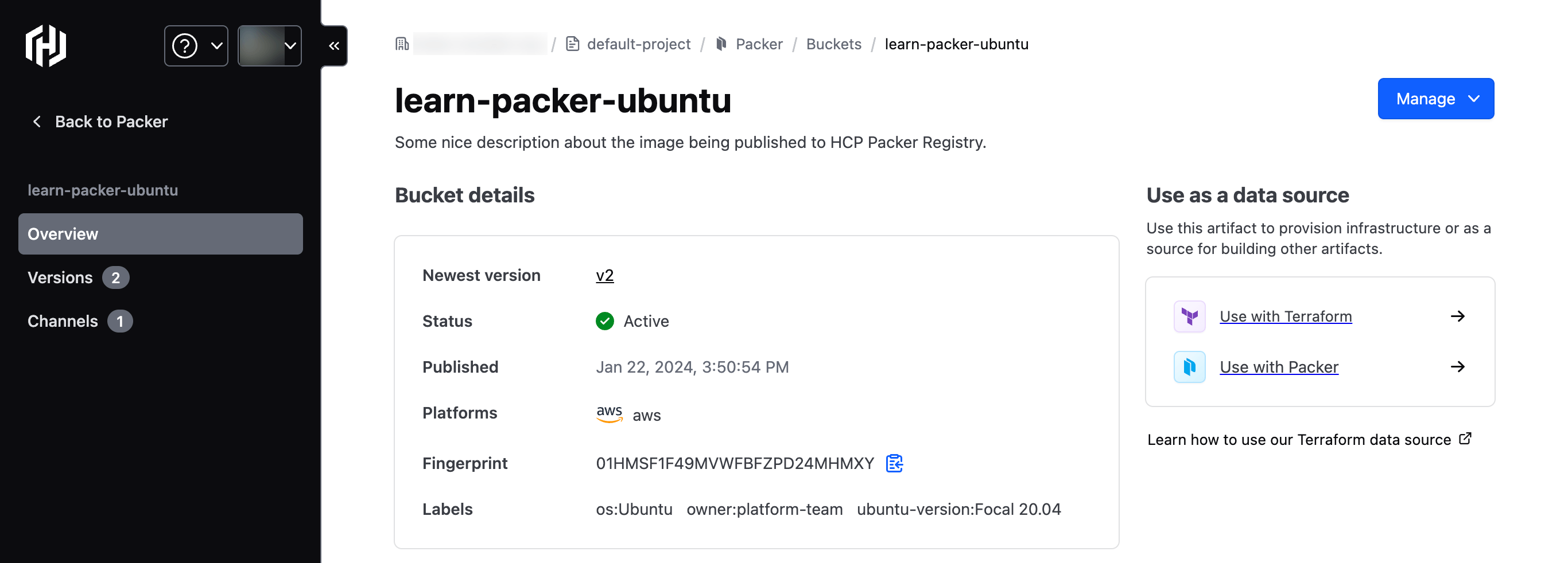 Main page for learn-packer-ubuntu bucket. This page will show two versions for the artifact.