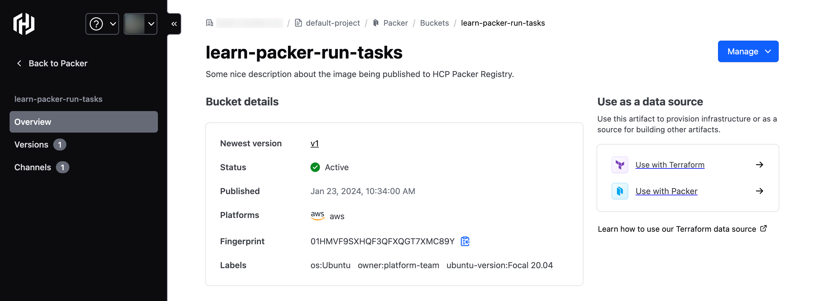 HCP Packer `learn-packer-run-tasks` bucket