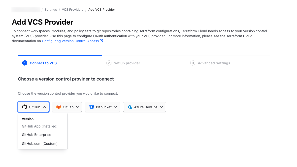 Add VCS Provider page with the GitHub dropdown expanded