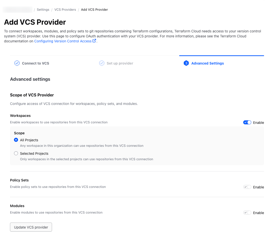 VCS Provider advanced settings page