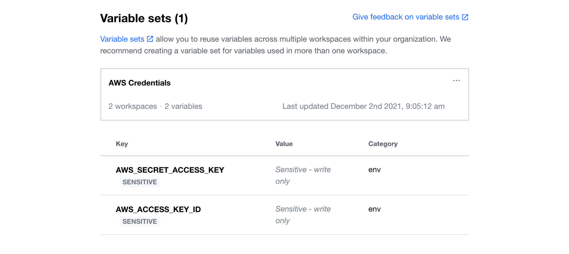 The `learn-terraform-s3-migrate-tfc-main` workspace contains the AWS Credentials variable set to authenticate the workspace to AWS