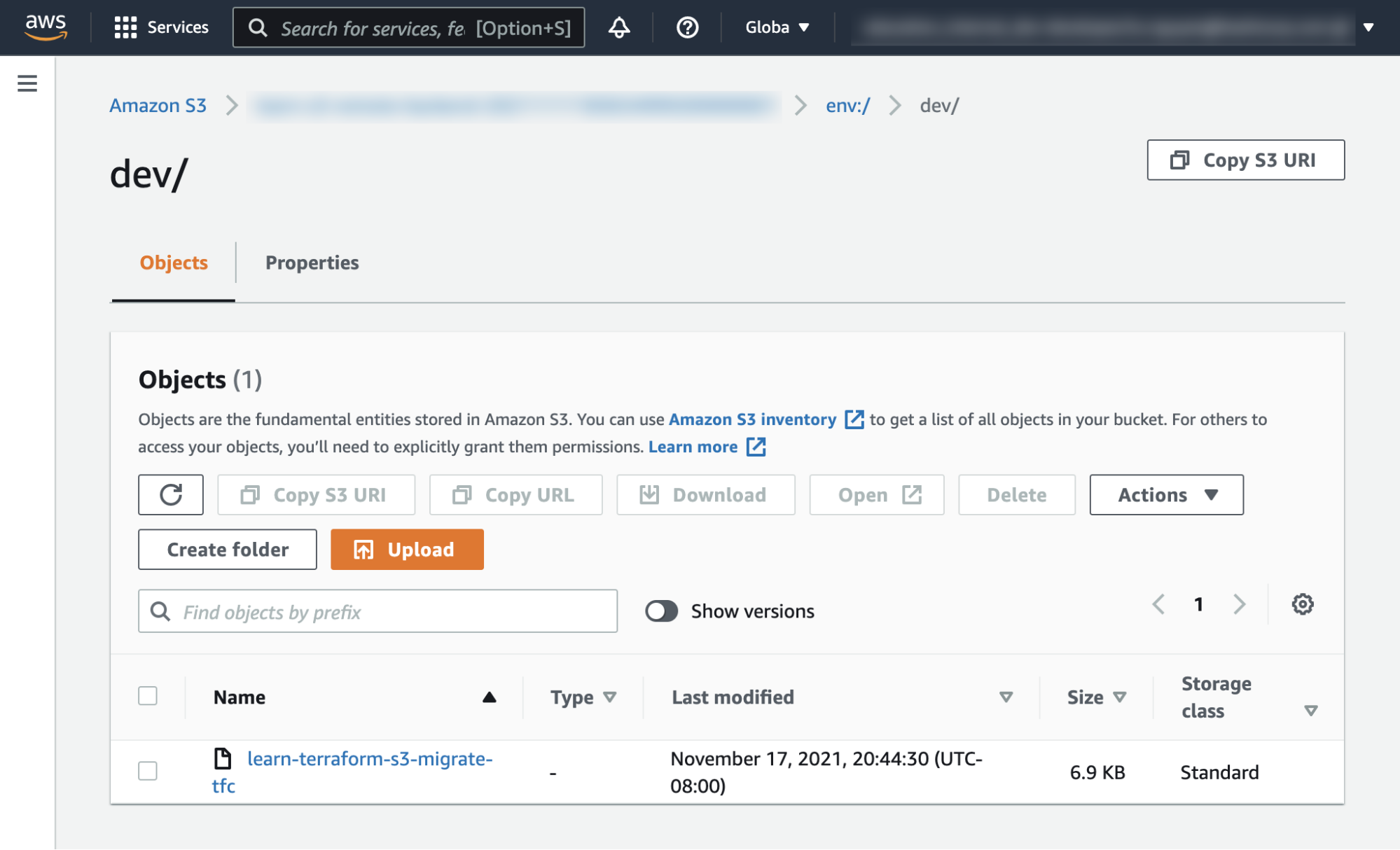 View remote state for dev workspace in AWS S3 bucket