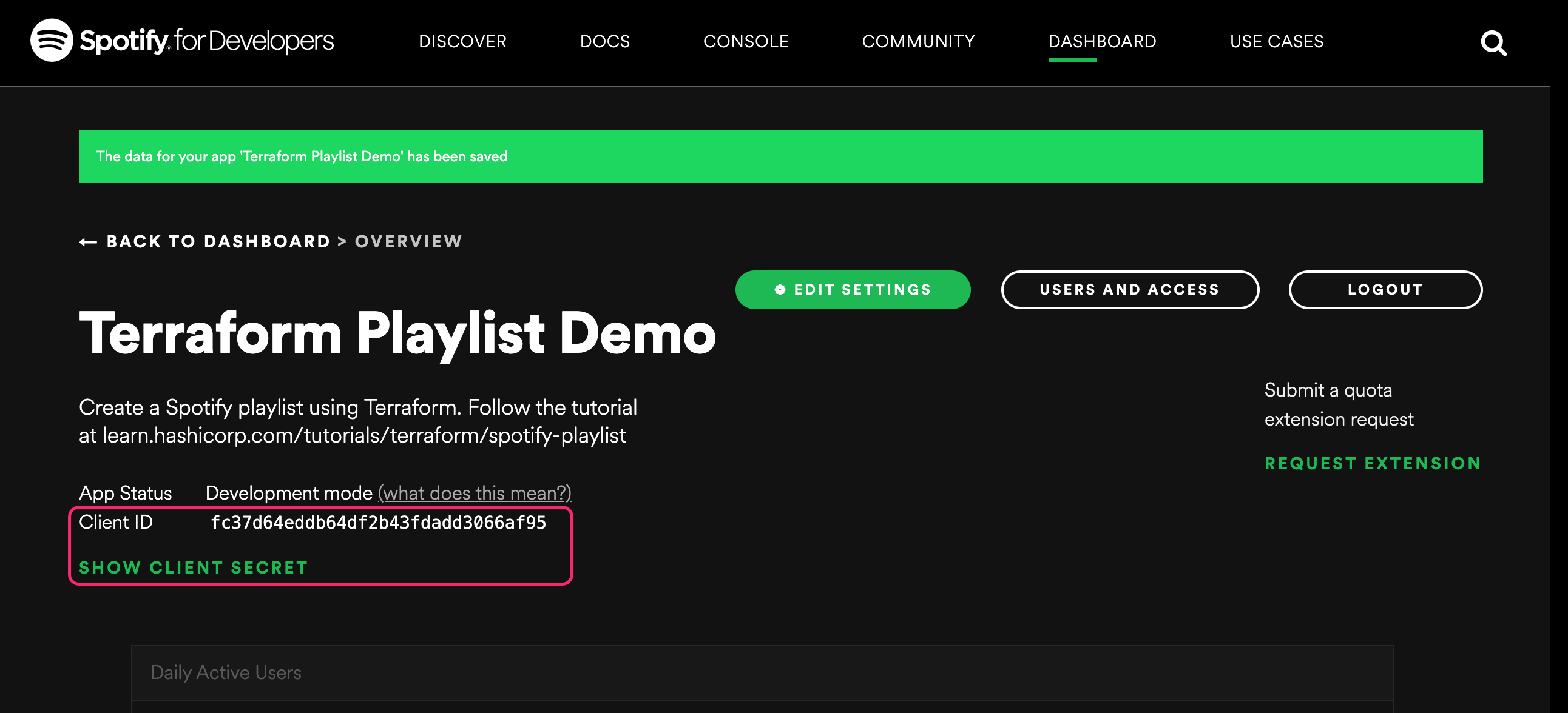 Spotify Developer portal app page with the client ID and secret