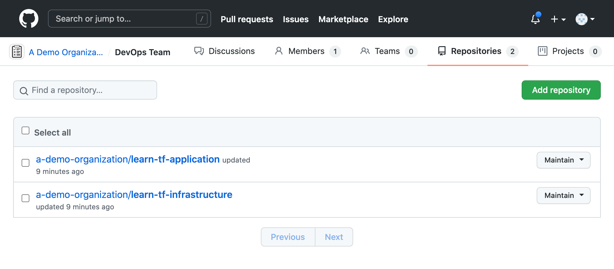 Dashboard showing that the DevOps team has maintain permissions to repositories.