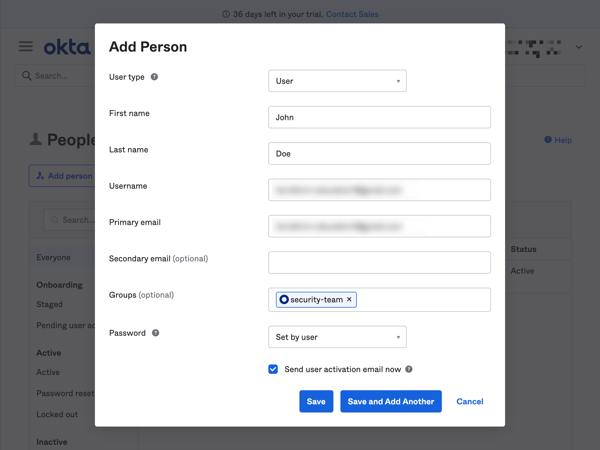 Create first Okta user and assign them to the security team