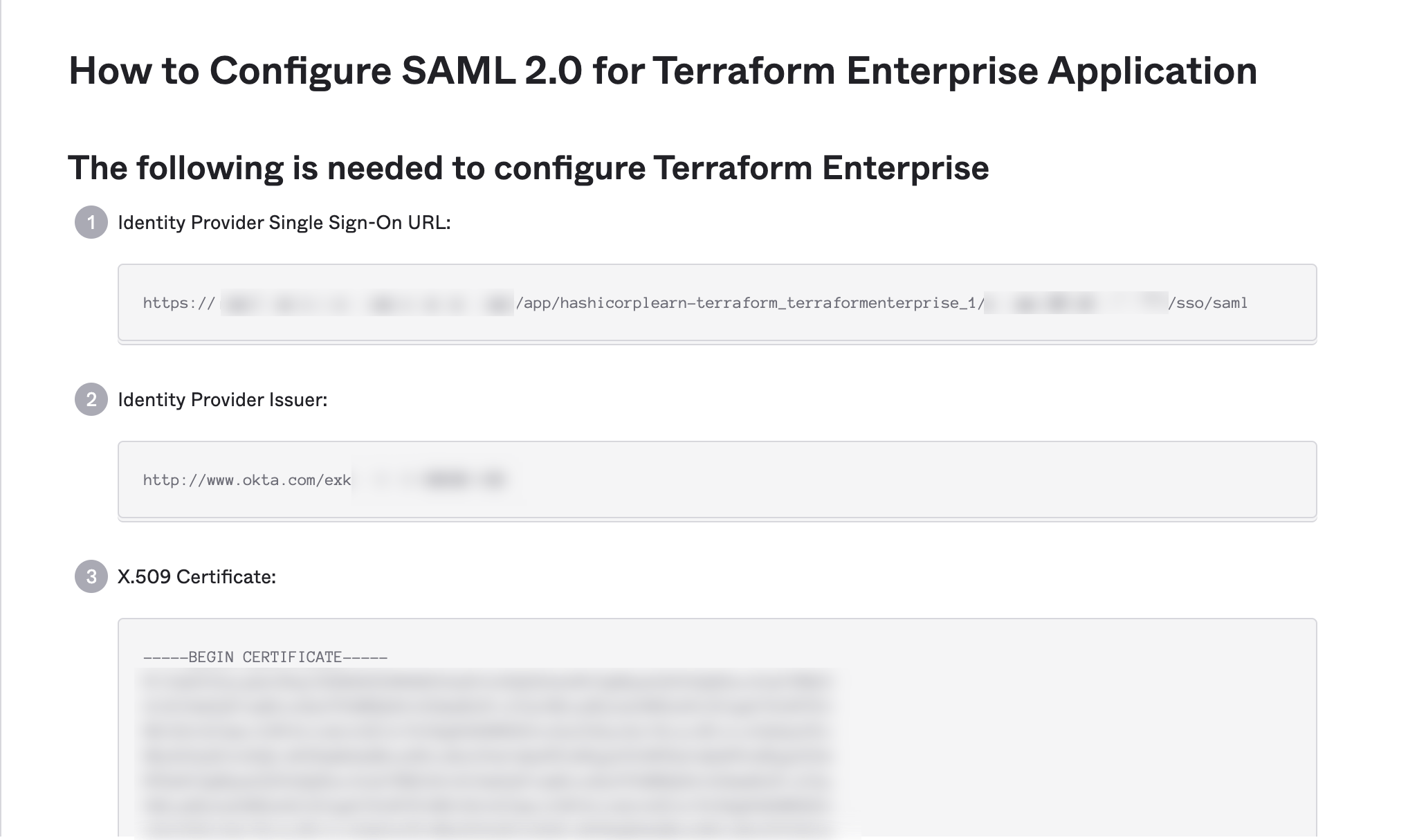 SAML Configuration values to finalize configuration in Terraform Enterprise