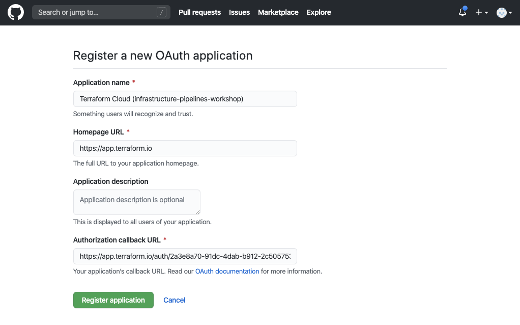 Create a GitHub OAuth application using the values from the Terraform Cloud "Add VCS Provider" page.