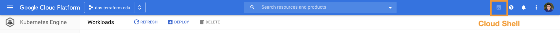 Google Cloud header with "Cloud Shell" option pointed out (top right corner near the help button)
