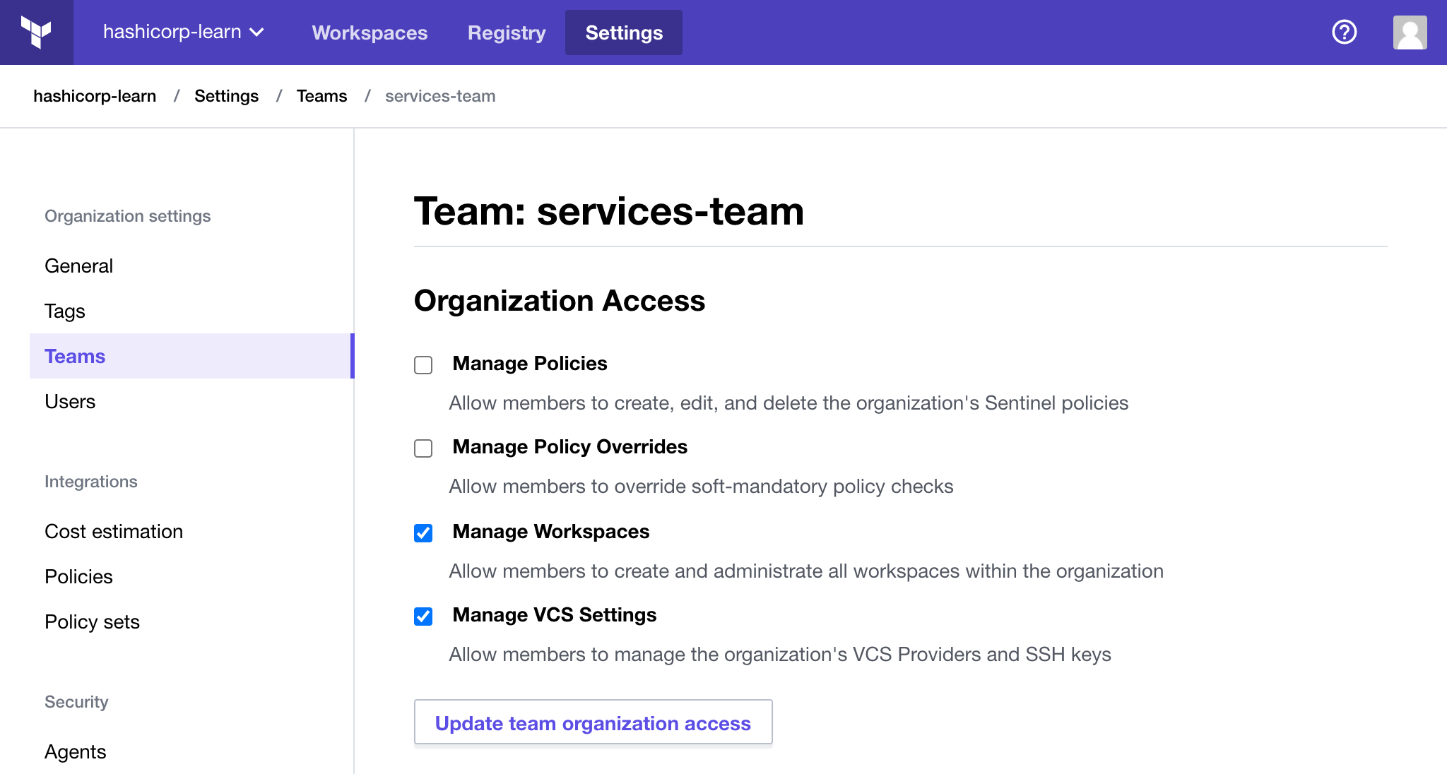 Services team settings page. The services team can manage workspaces and VCS settings