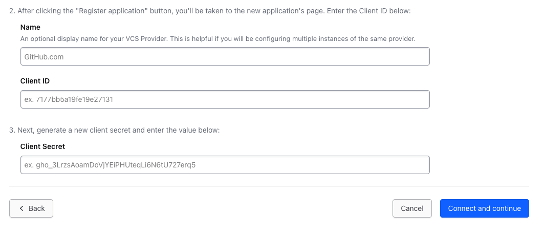 Complete setting up VCS provider by entering GitHub OAuth application's Client ID and Client Secret.
