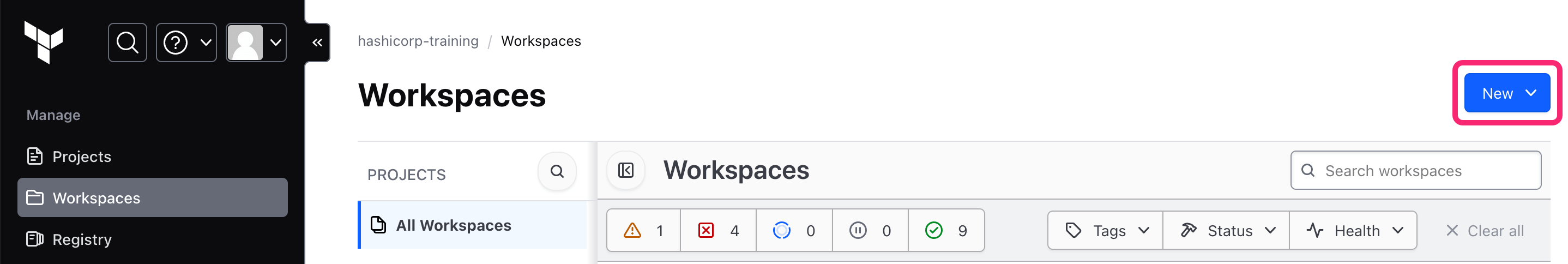 HCP Terraform's New workspace button