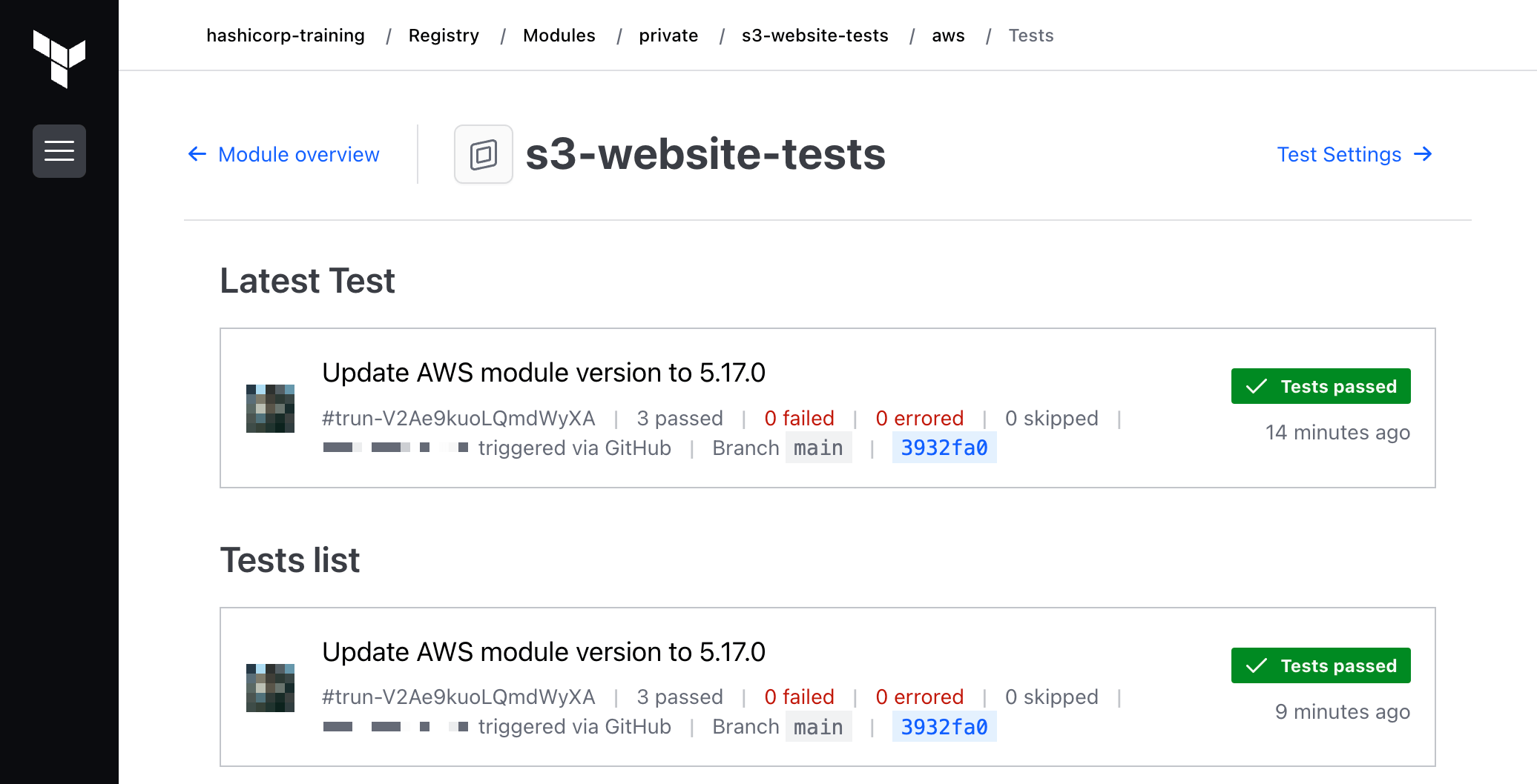 A list of all tests ran against the module. In this example, just one test result is shown with a badge that reads "Tests passed"