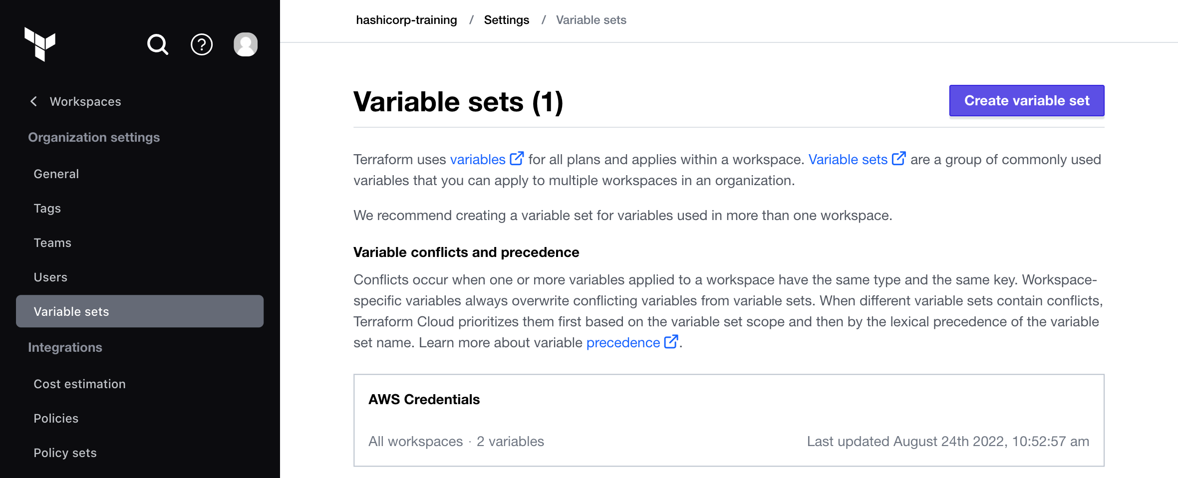 AWS credentials variable set in variable sets list