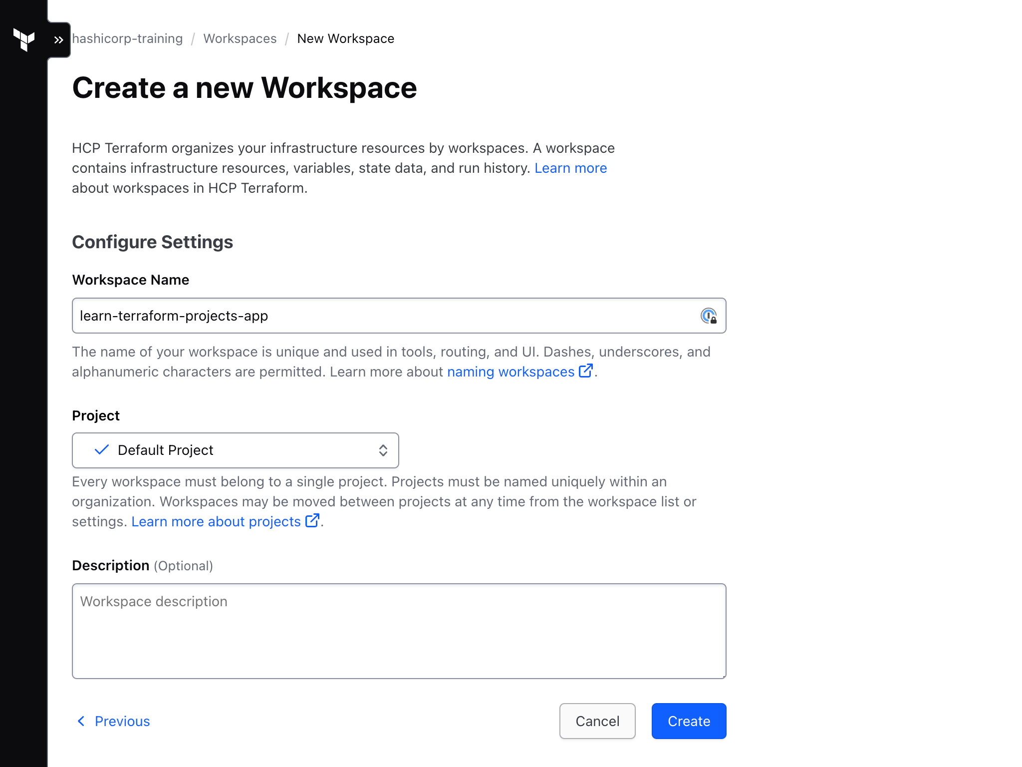 Create new workspace in Application project