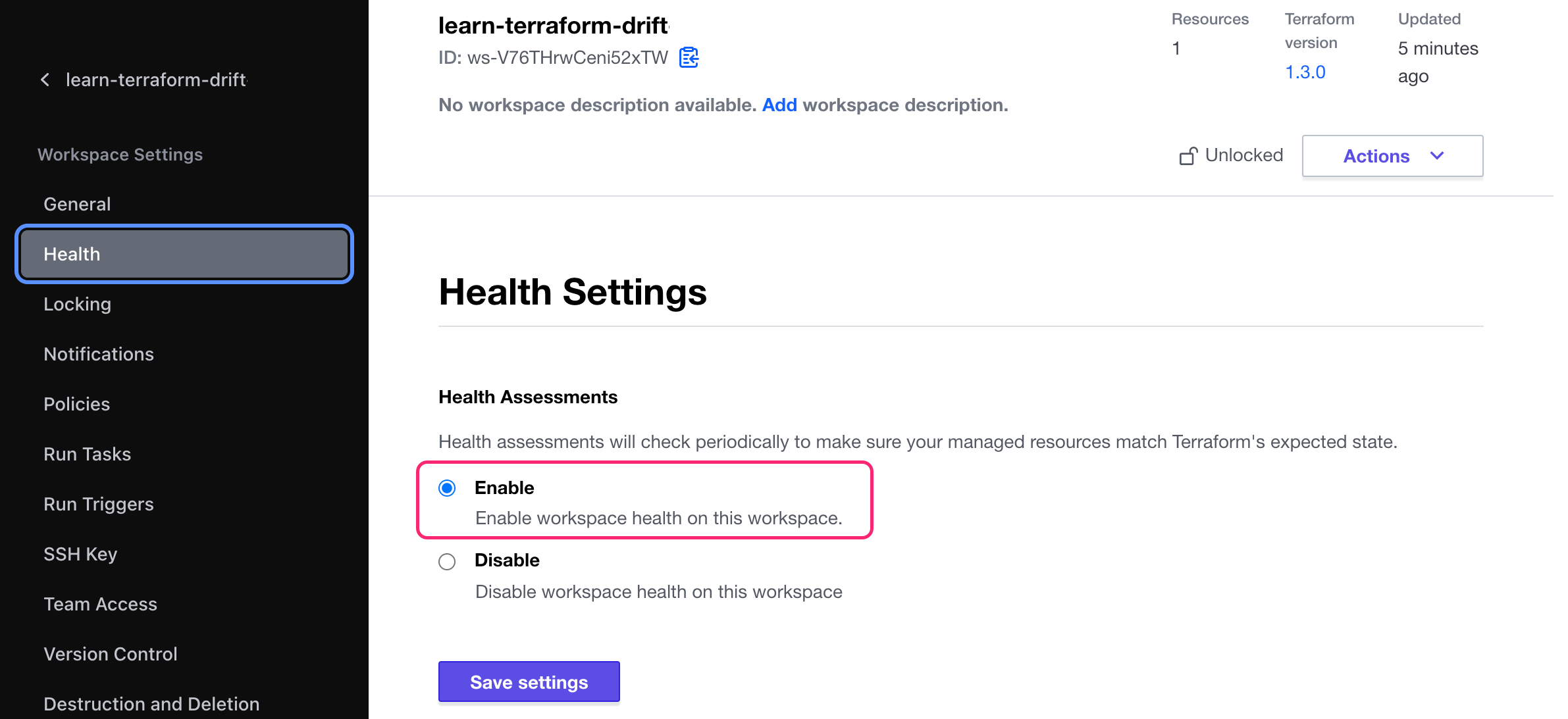 Enable health assessments on TFC workspace