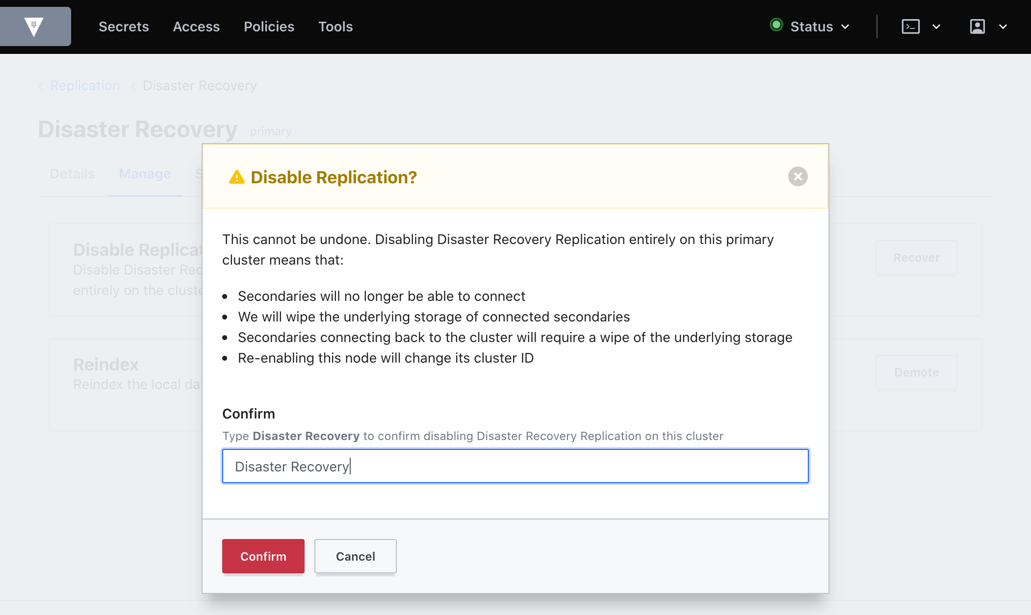 Disable replication modal in the manage tab