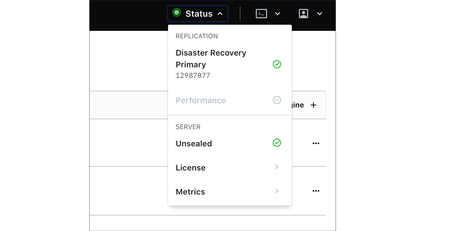 Disaster Recovery Primary in Status menu
