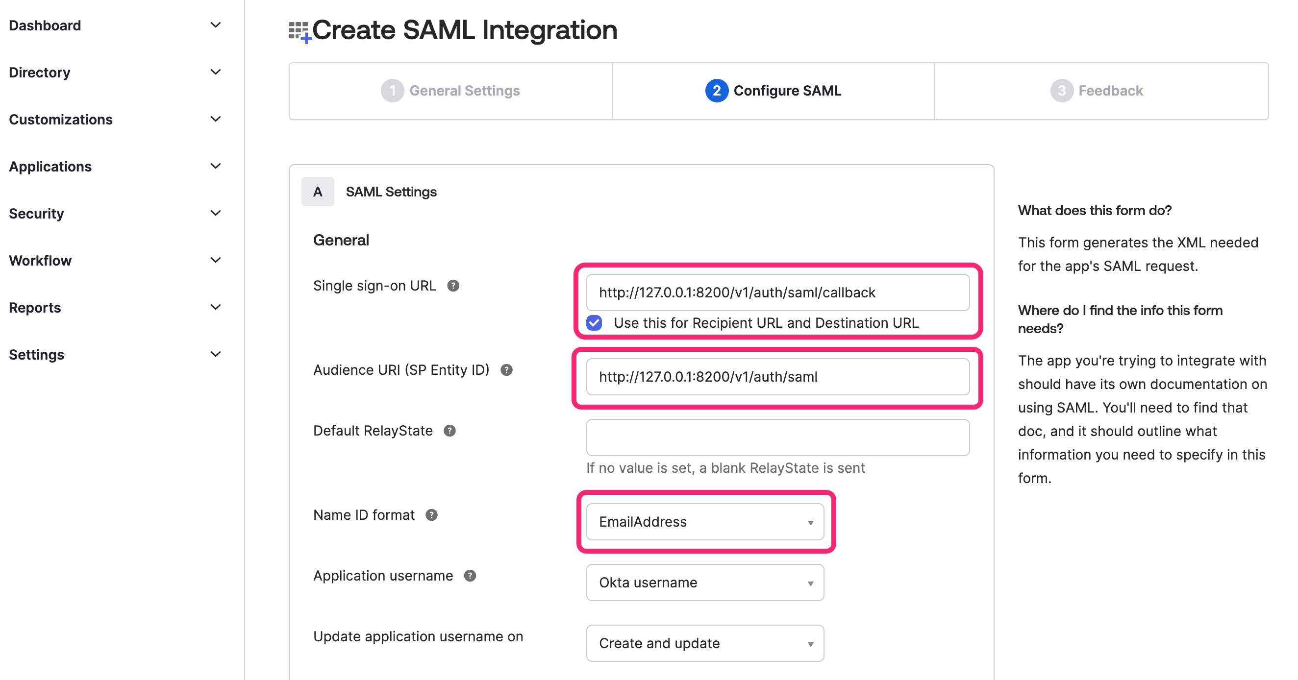 Screenshot showing SAML application settings