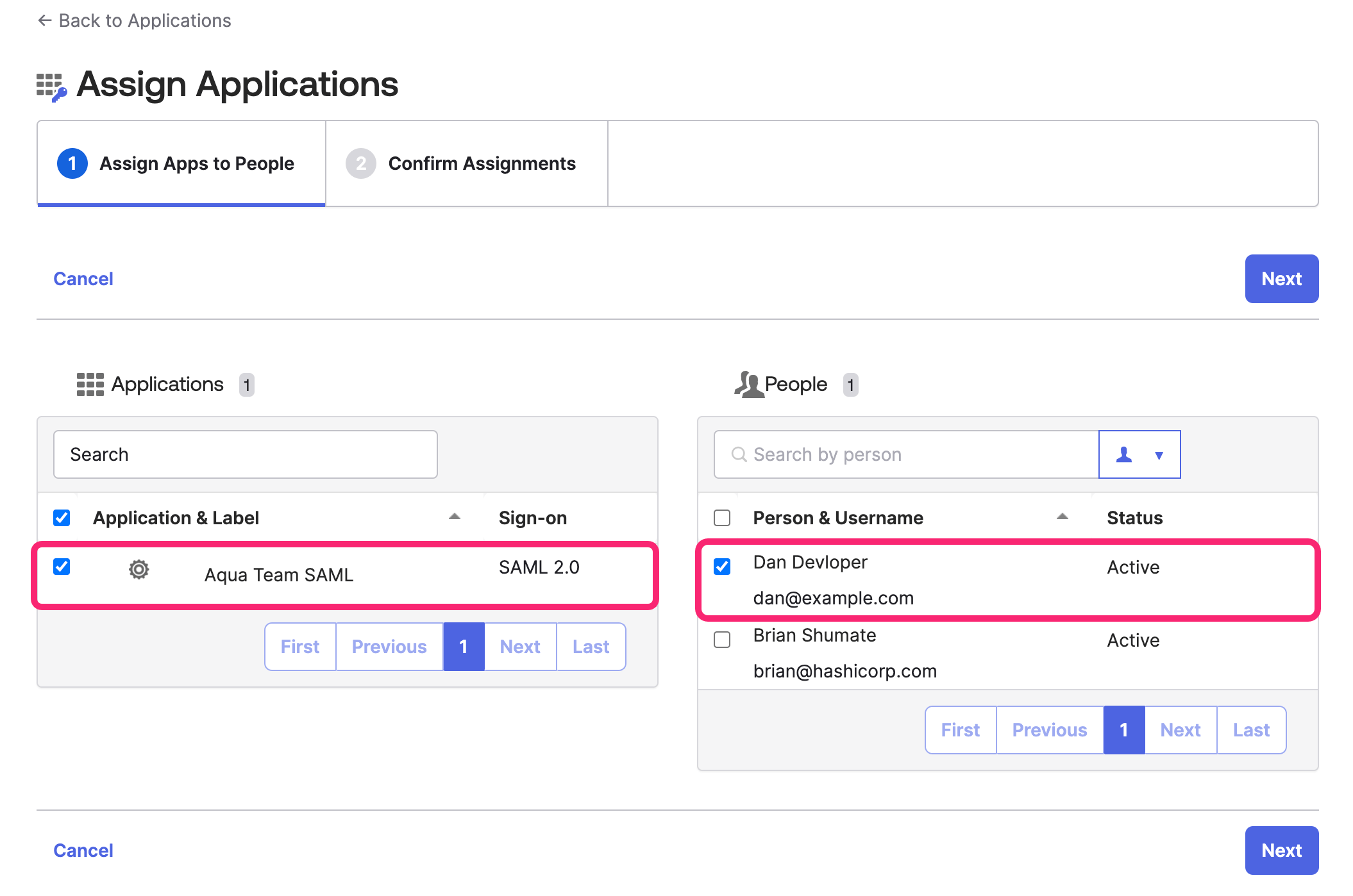 Screenshot showing assigning SAML application