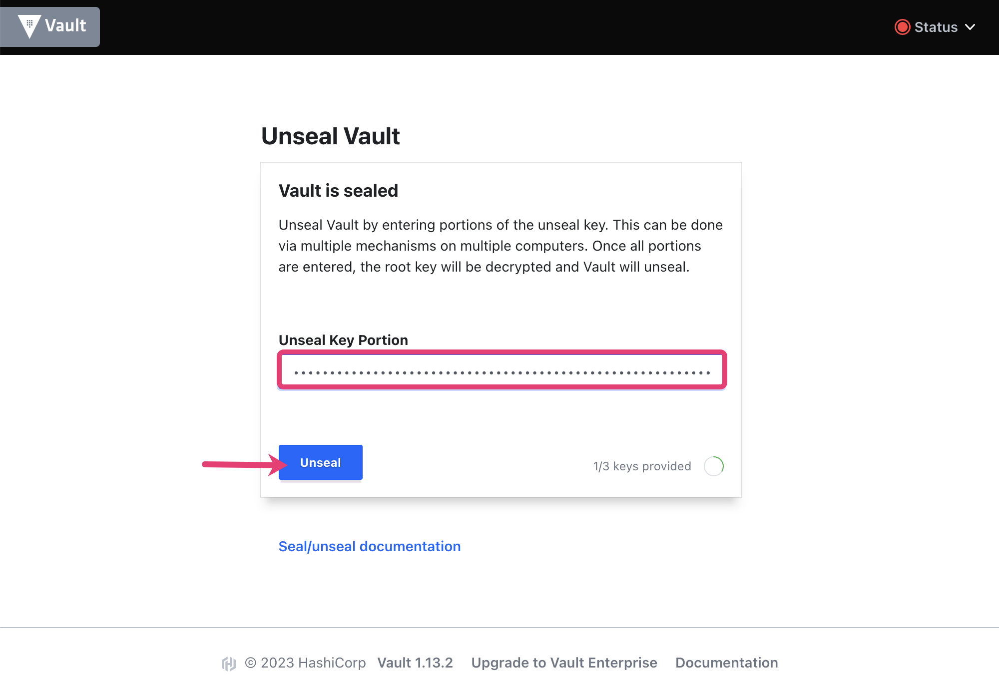Vault screenshot showing pasted unseal key