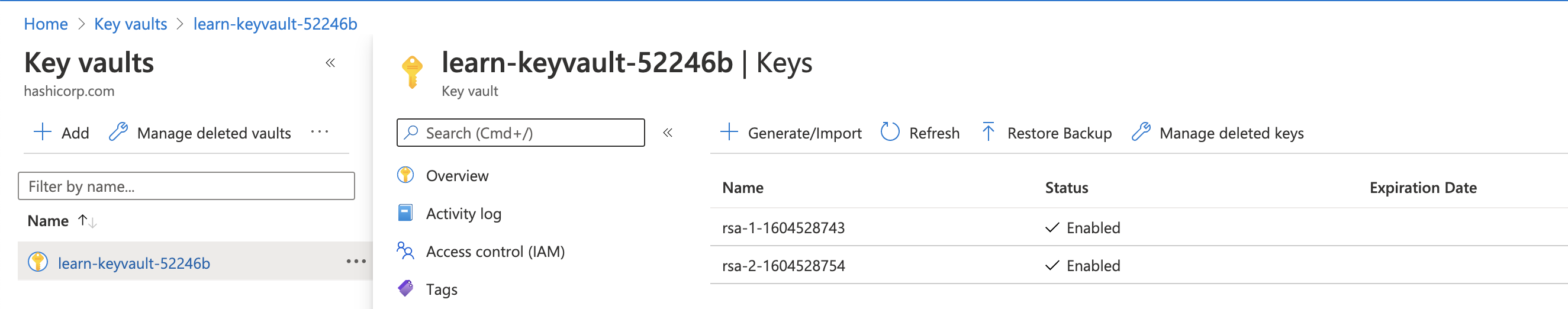 Screenshot showing distribution of keys to Azure Key Vault