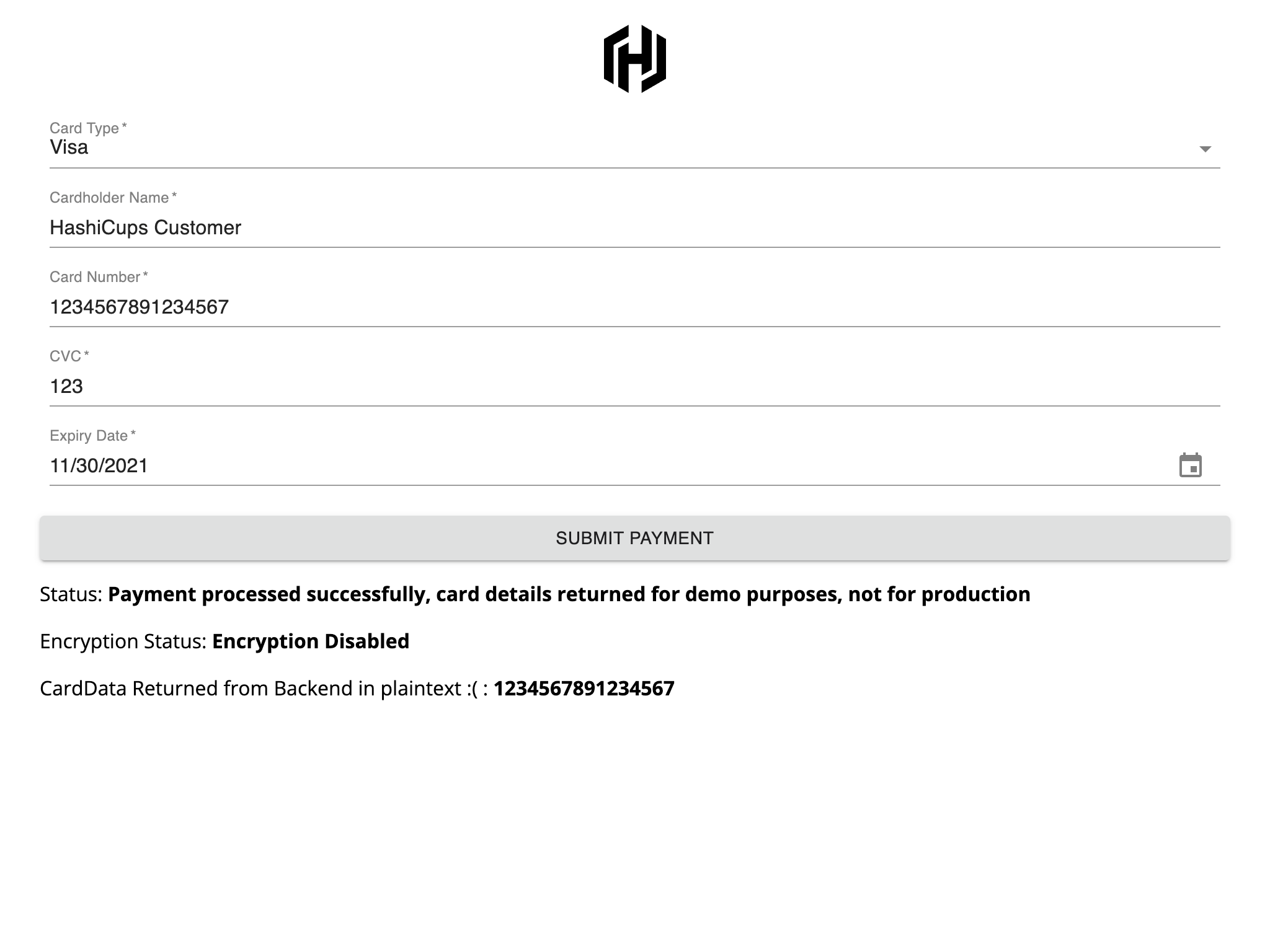 The HashiCups application payment page with example payment card details