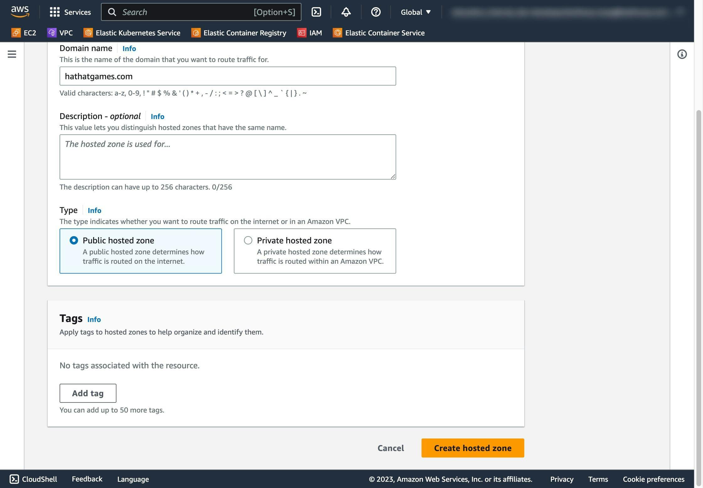 AWS console page showing the form for the creation of a hosted zone