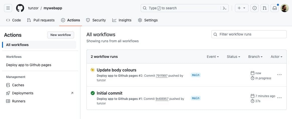GitHub Actions page showing that another run has started