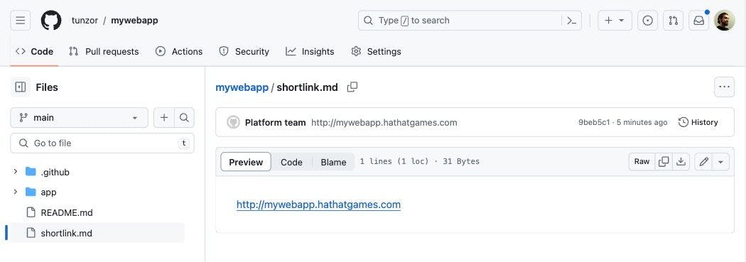 GitHub page showing the subdomain URL in the shortlink.md file