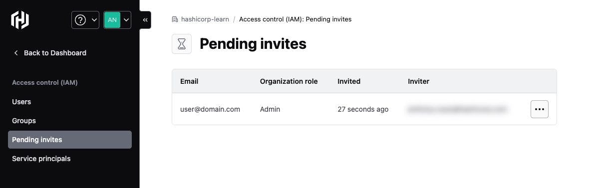 HCP pending invites page showing the created user invitation