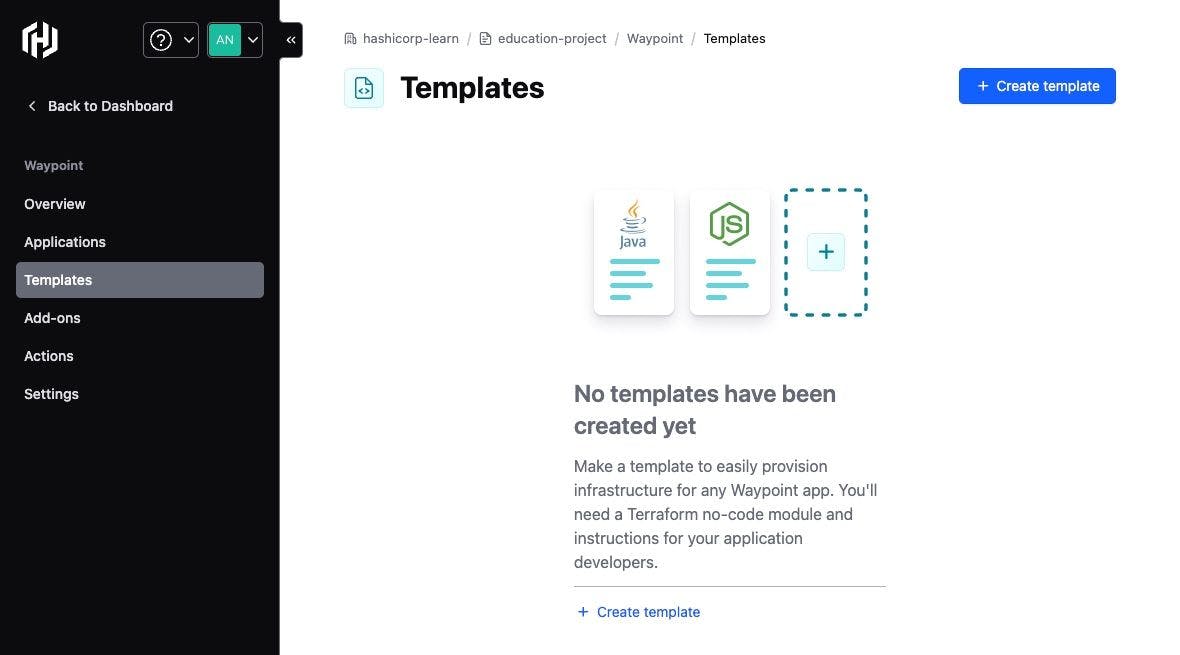 HCP Waypoint templates page with the Create template button highlighted