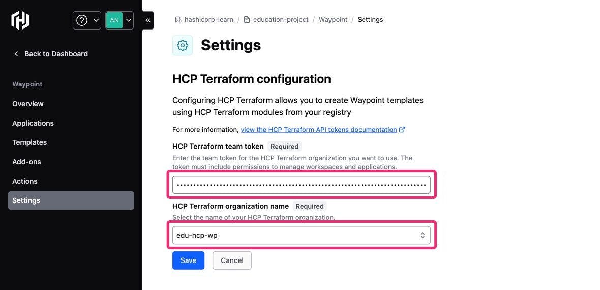 HCP Waypoint settings page with the HCP Terraform token and organization name highlighted