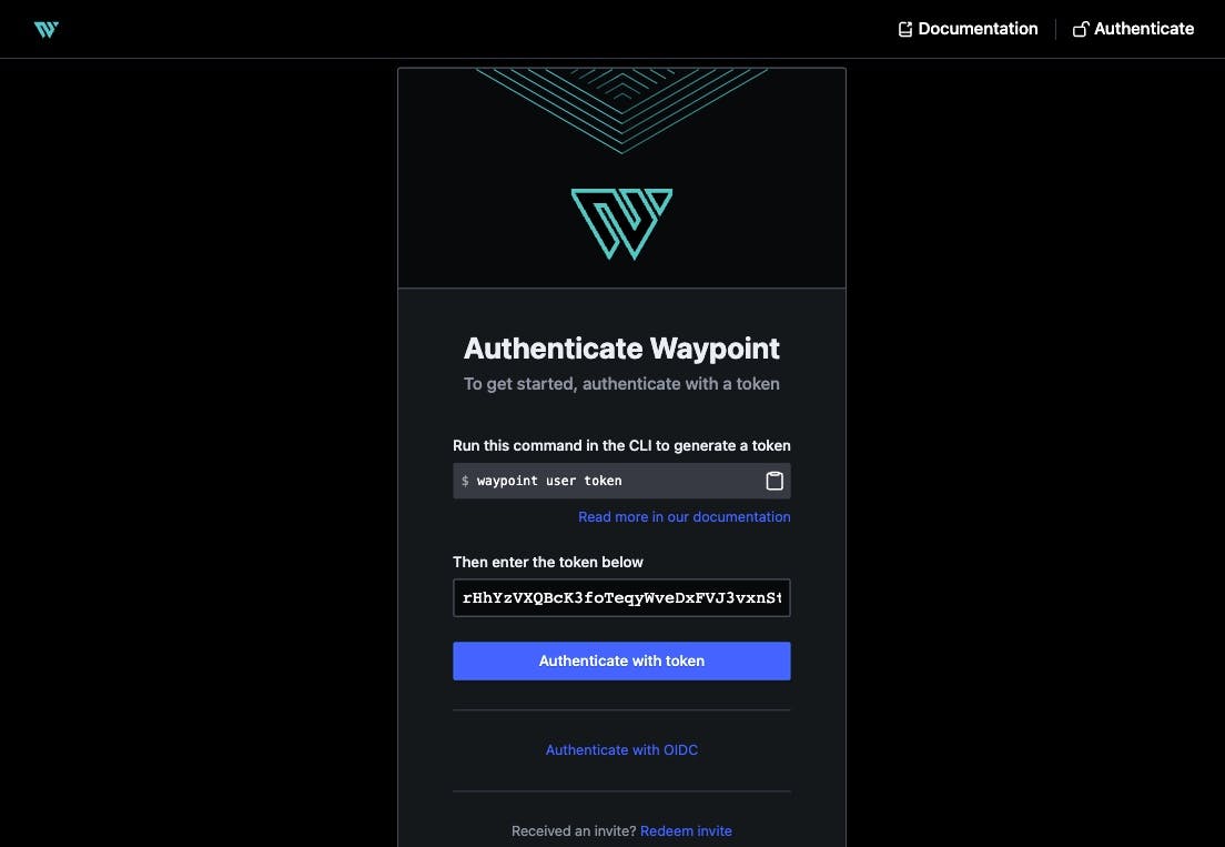 Waypoint UI displaying the authetication page