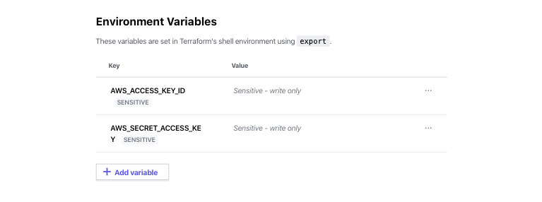 Assign AWS Credentials as HCP Terraform workspace environment variables.